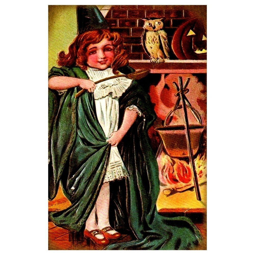 Halloween Postcard Child Witch Owl Pumpkin Cauldron Antique Fantasy